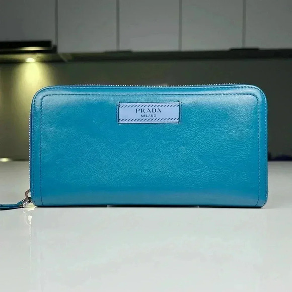 Prada Blue Glace and City Calf Leather Etiquette Continental Wallet - Picture 1 of 12